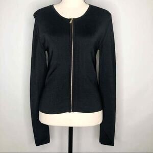 JASON WU Jacket Women's XS Collarless Knit Full Zip Up Black Blue Lining Blazer